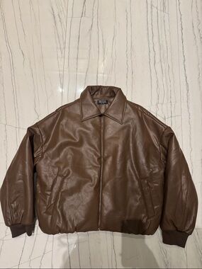 Brunette The Label- Taupe Brown Vegan Leather Bomber Jacket